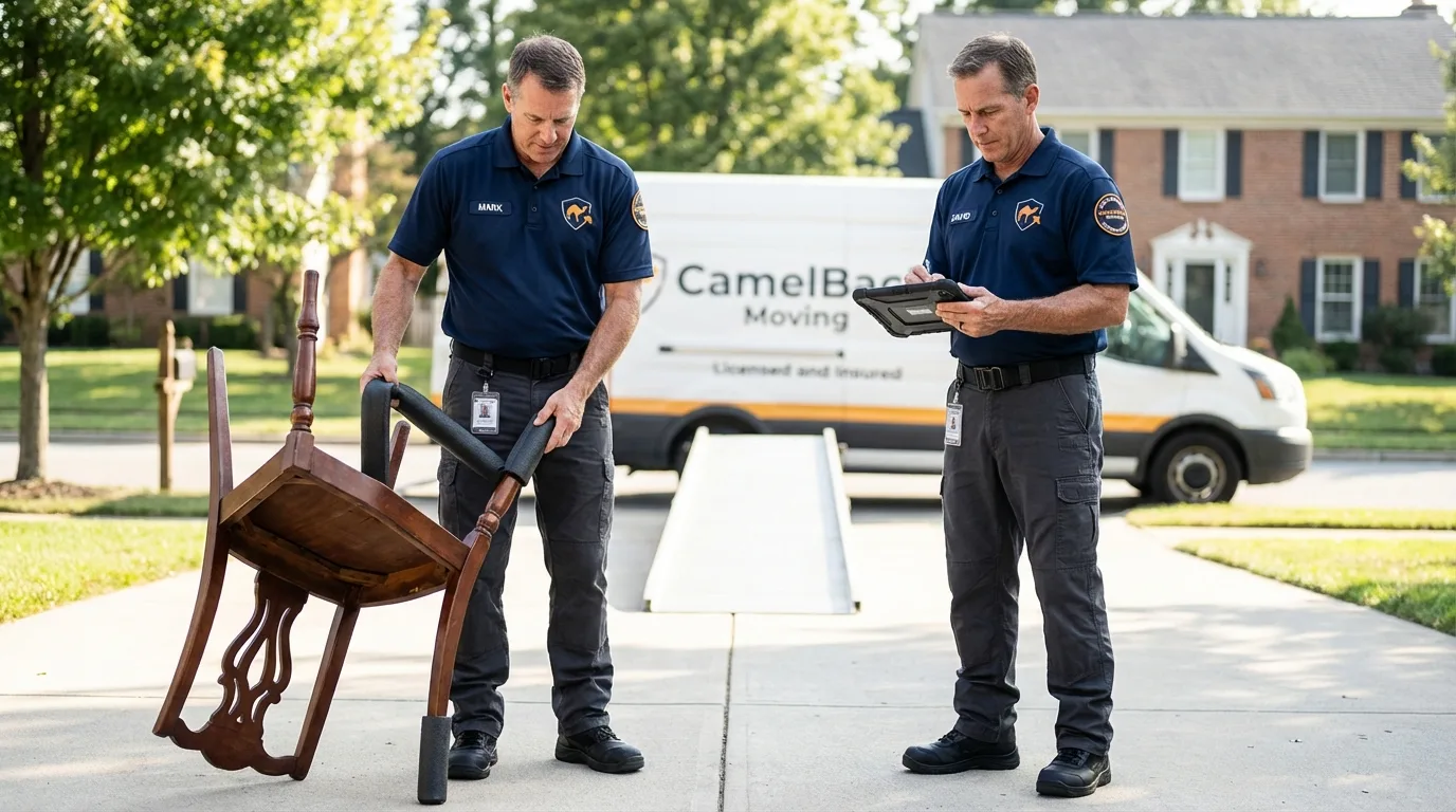 Movers inspecting furniture for damage prevention before loading in Duquesne, PA