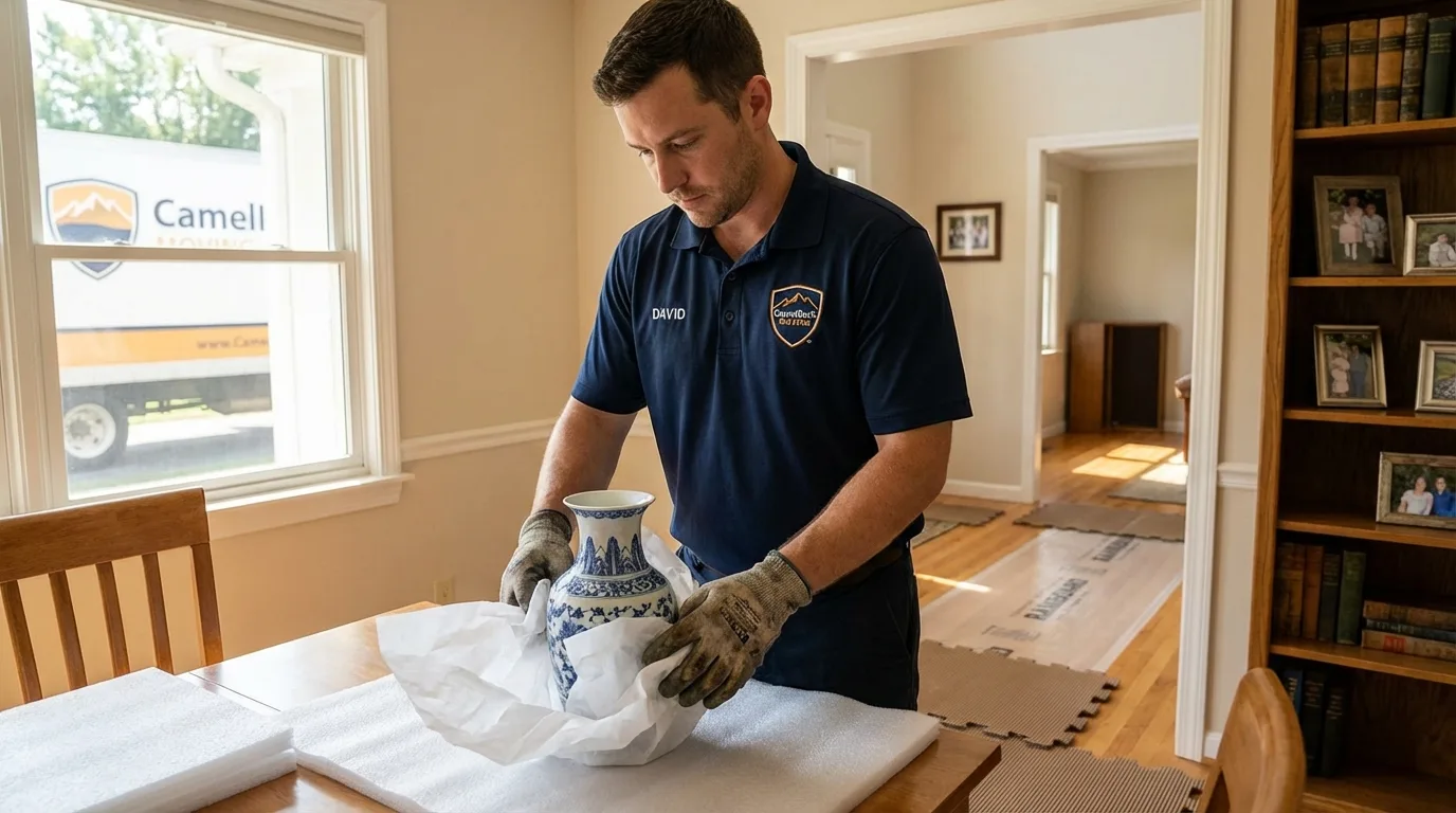 Professional crew carefully wrapping antique vase for senior downsizing move in Duquesne, PA